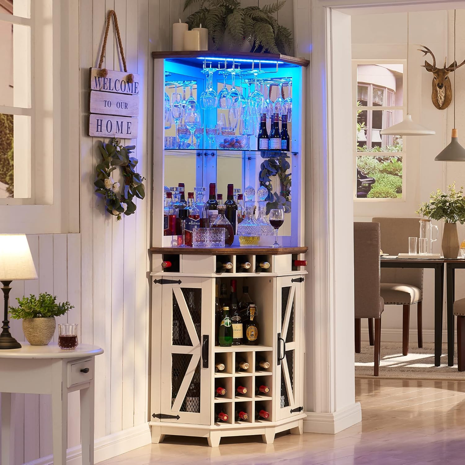 Farmhouse Corner Bar Cabinet with LED