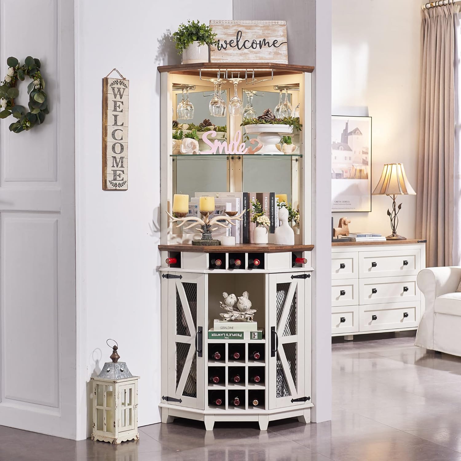 Farmhouse Corner Bar Cabinet with LED - Image 2