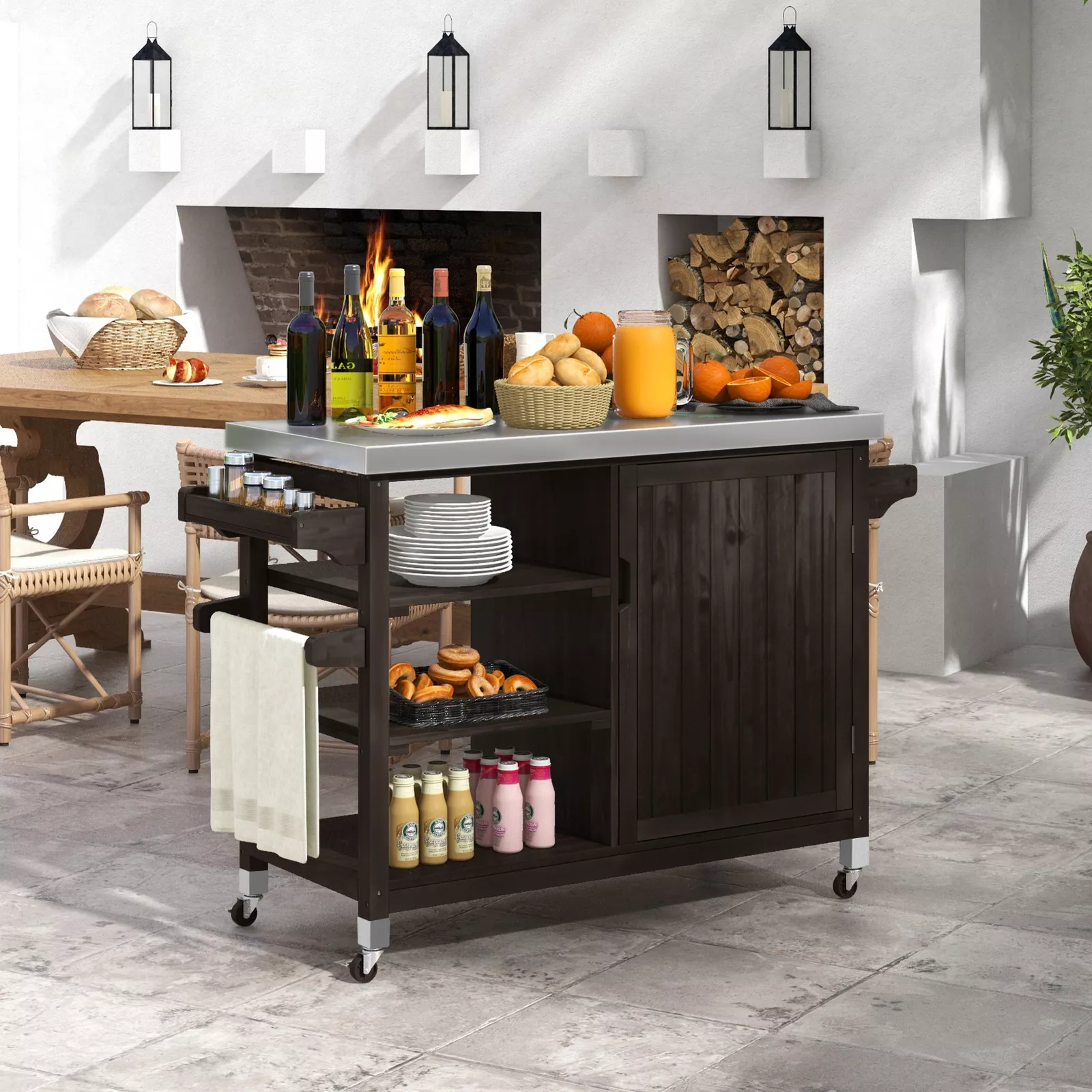 Outdoor Wood Grill Cart with Storage
